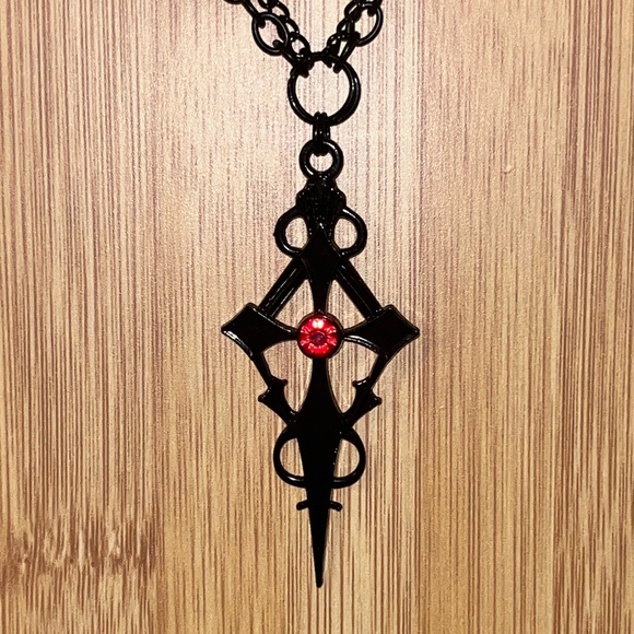 Hand Crafted Black Cross Pendant Necklace with Red Accent - Picture 3 of 4